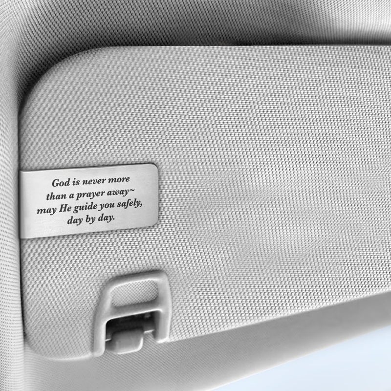 PUVOXHO God is Never More Than A Prayer Away Engraved Stainless Steel Car Visor Clip, Travels Visor Car Accessories, Guardian Angel Safe Driving Gifts for Family Friend Driver, New Driver Gifts - Image 3